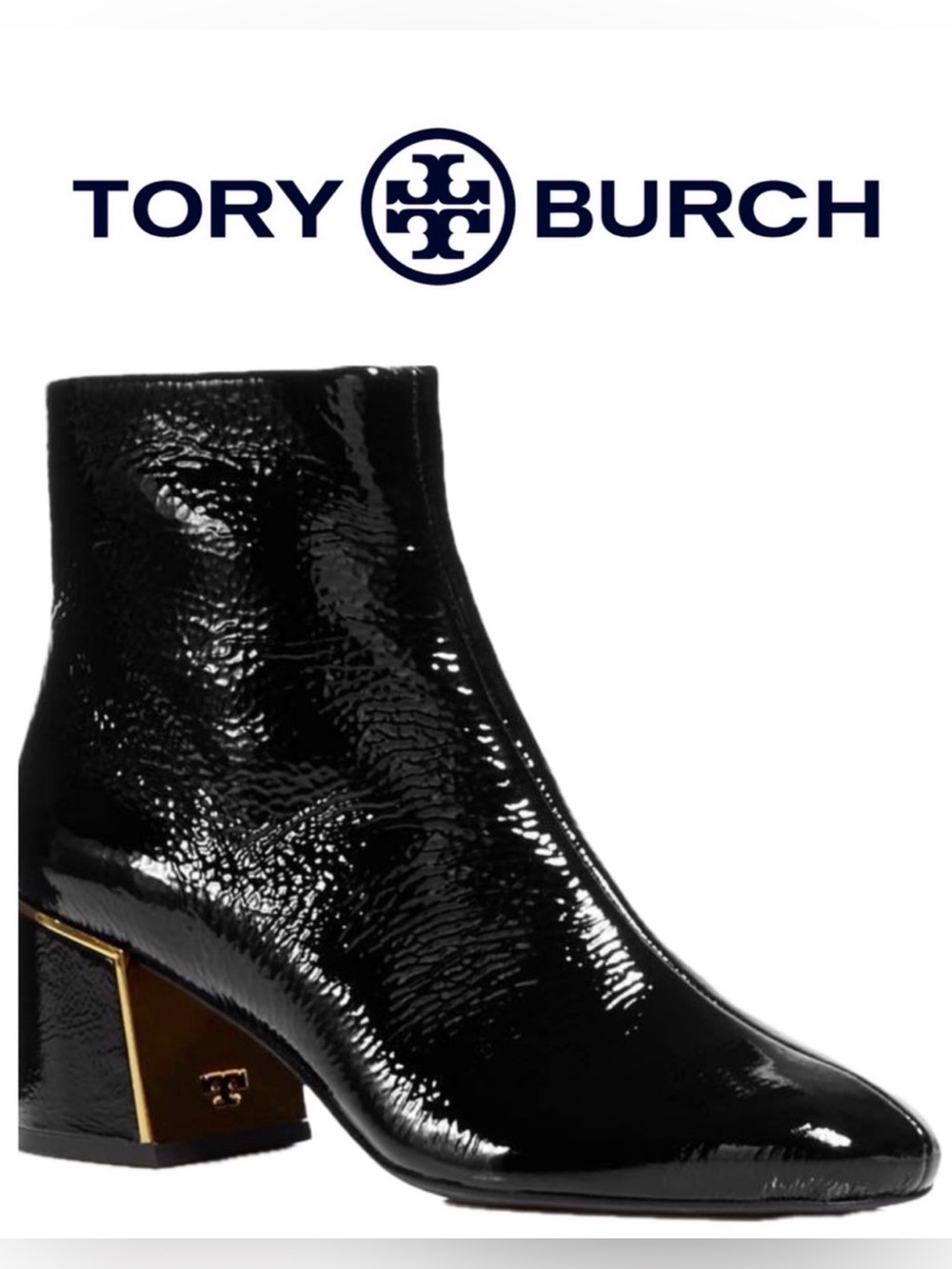 Tory Burch Black Patent Leather
Ankle Boots / with gold heel accents